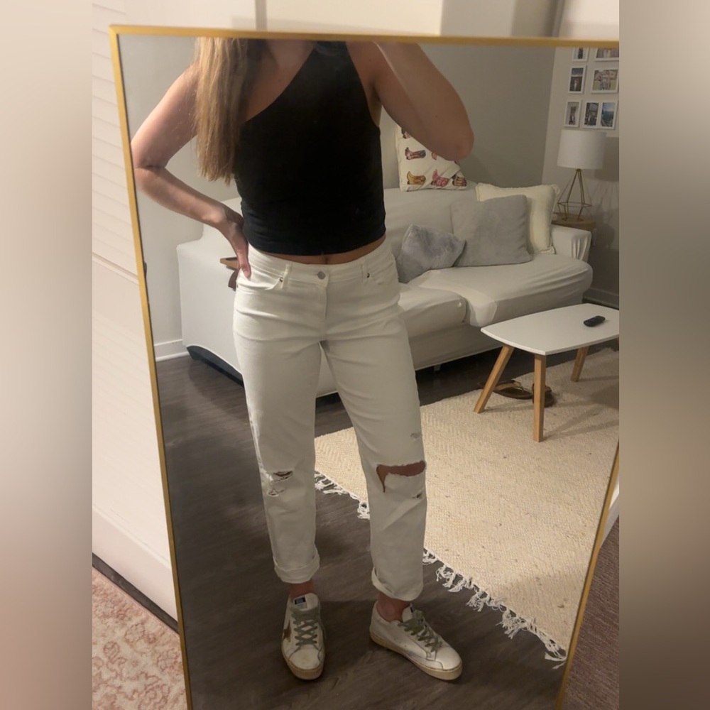 Express White Boyfriend Jeans Distressed Mid-Rise